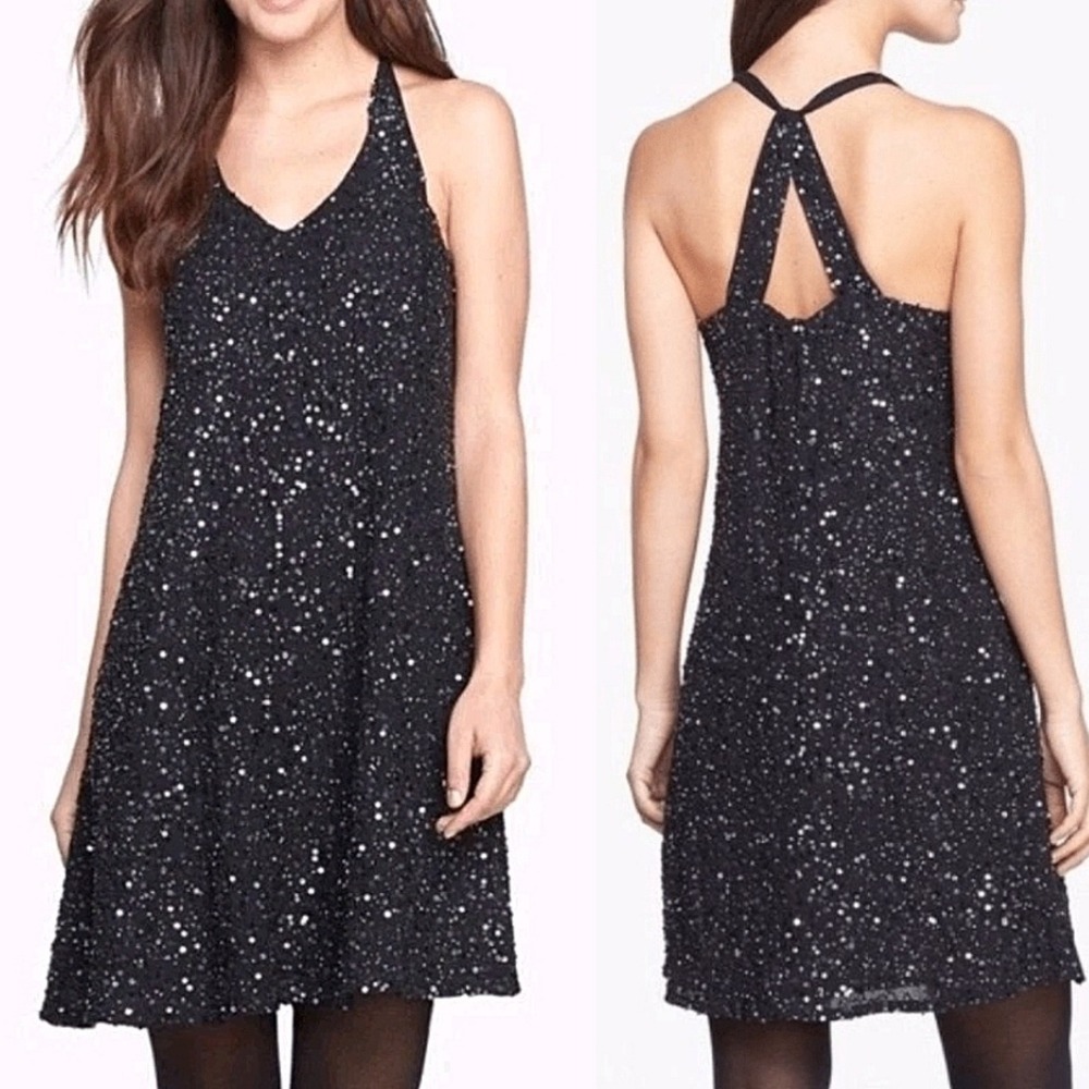 Eileen Fisher Silk Sequin Cocktail Dress Sz L Black Sleeveless Twist Back Strap